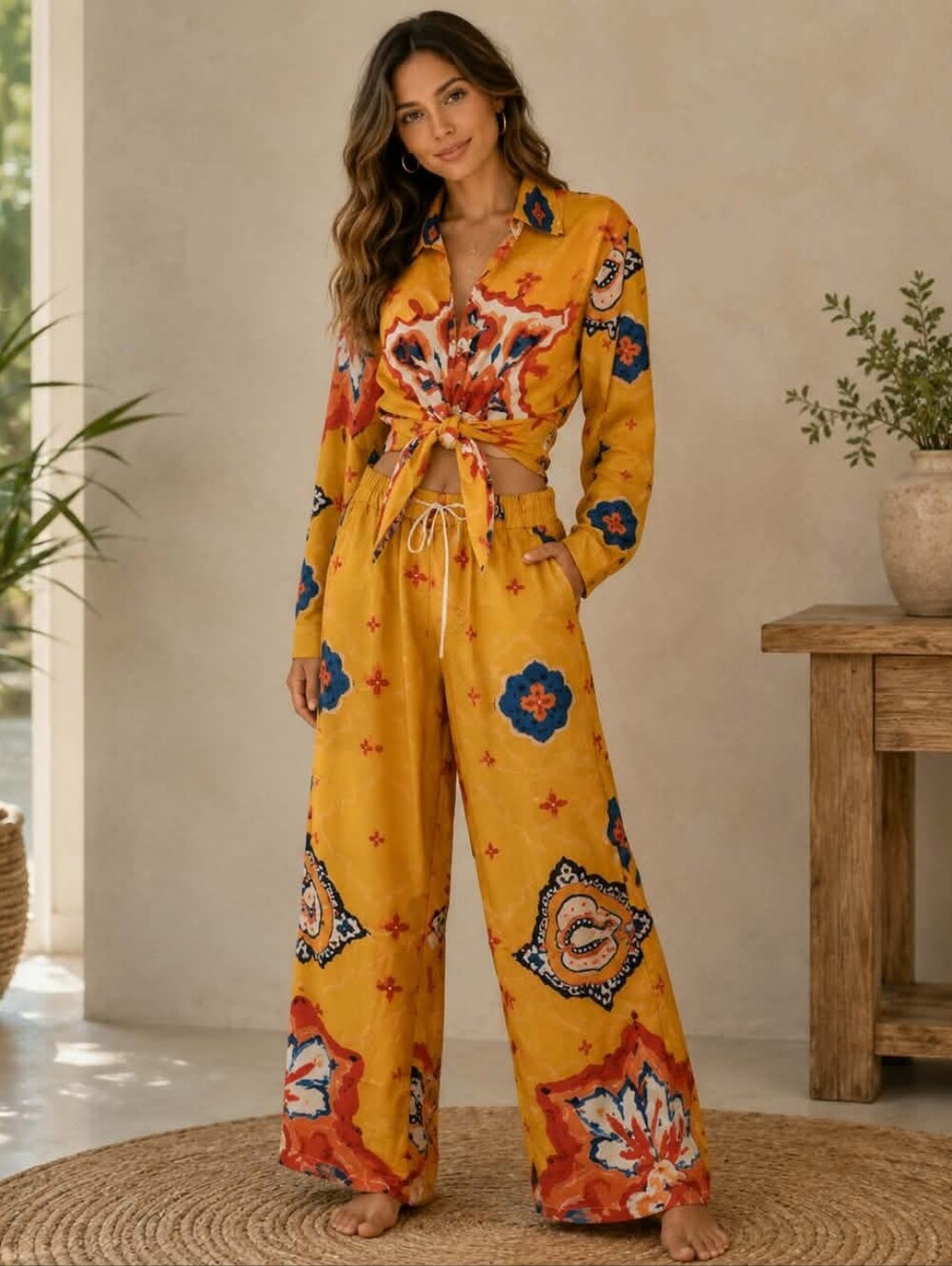 Women's Mustard Floral Medallion Pajama Set with Blue Accents